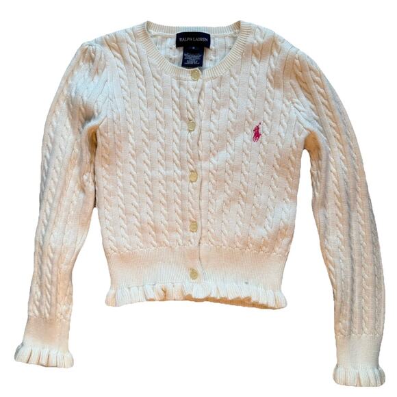 Ralph Lauren Other - RALPH LAUREN Girls 6 Cream Cable Knit Cardigan Sweater Pink Pony Logo Ruffles